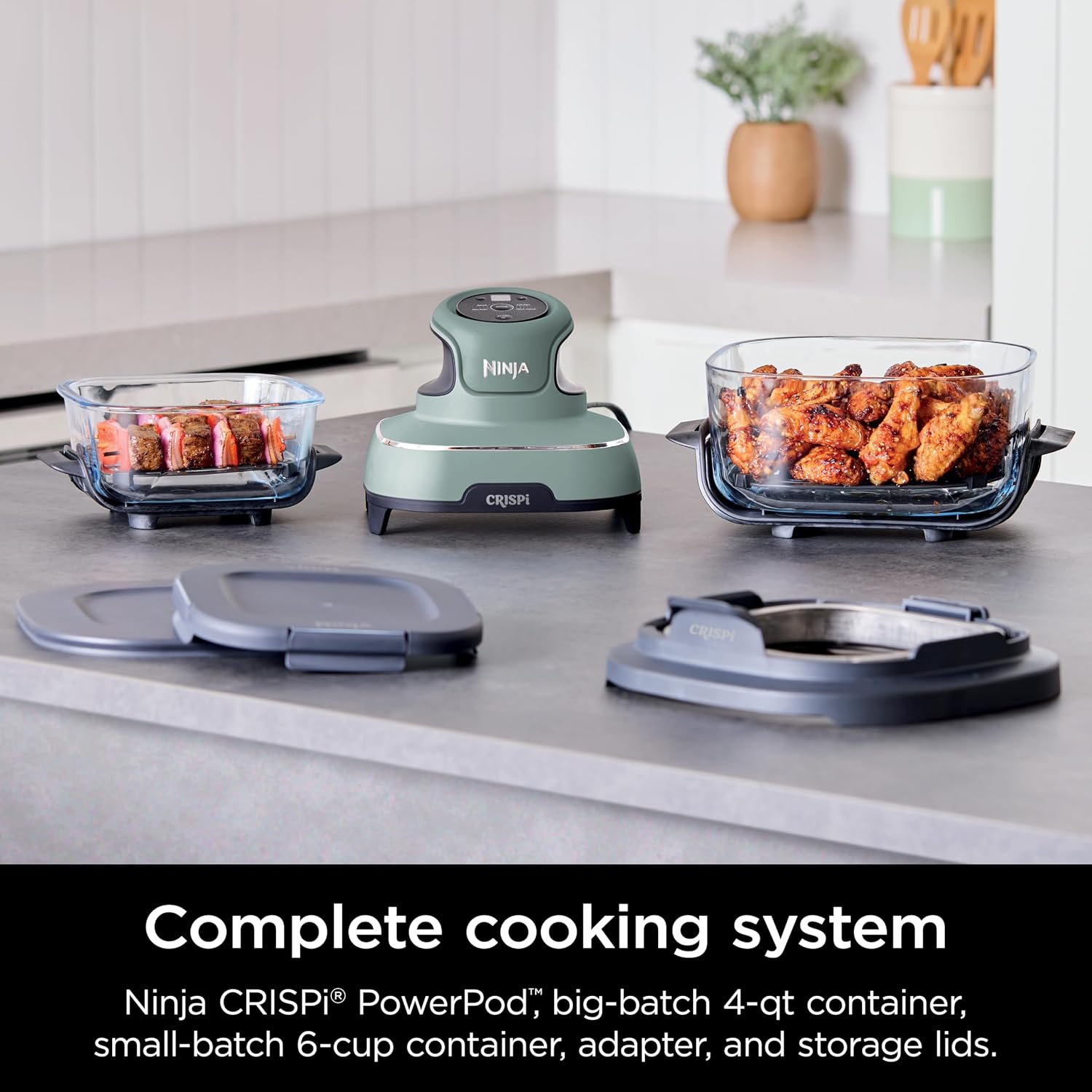 Ninja Crispi 4-in-1 Glass Air Fryer | With Non-Toxic 4QT & 6-Cup Glass Containers & Lids | Microwave, Freezer, Dishwasher Safe | 450°F Max Temp |1500 Watt | Green | FN101SG