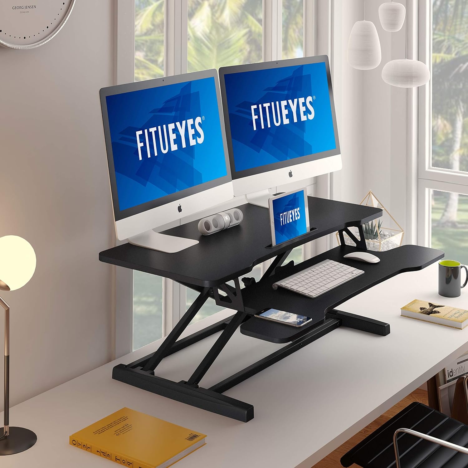 FITUEYES Height Adjustable Standing Desk 36' Wide Sit to Stand Converter Stand Up Desk Tabletop Workstation for Laptops Dual Monitor Riser Black SD309101WB