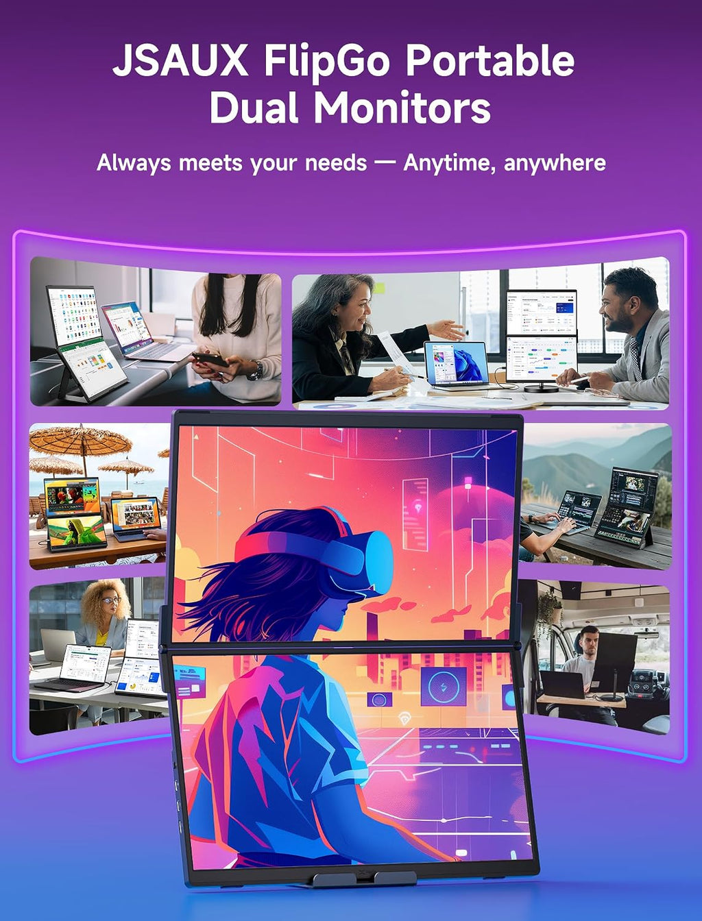 JSAUX FlipGo Pro 15.6' Dual Portable Monitors, 1080P FHD IPS Dual Screen Monitor, Triple Screen Laptop Monitor Extender for Wins/macOS (Driver Required) with Magnetic Design/Plug & Play/Built-in Hub