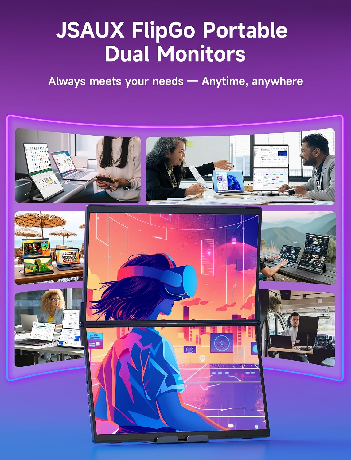 JSAUX FlipGo Pro 15.6' Dual Portable Monitors, 1080P FHD IPS Dual Screen Monitor, Triple Screen Laptop Monitor Extender for Wins/macOS (Driver Required) with Magnetic Design/Plug & Play/Built-in Hub