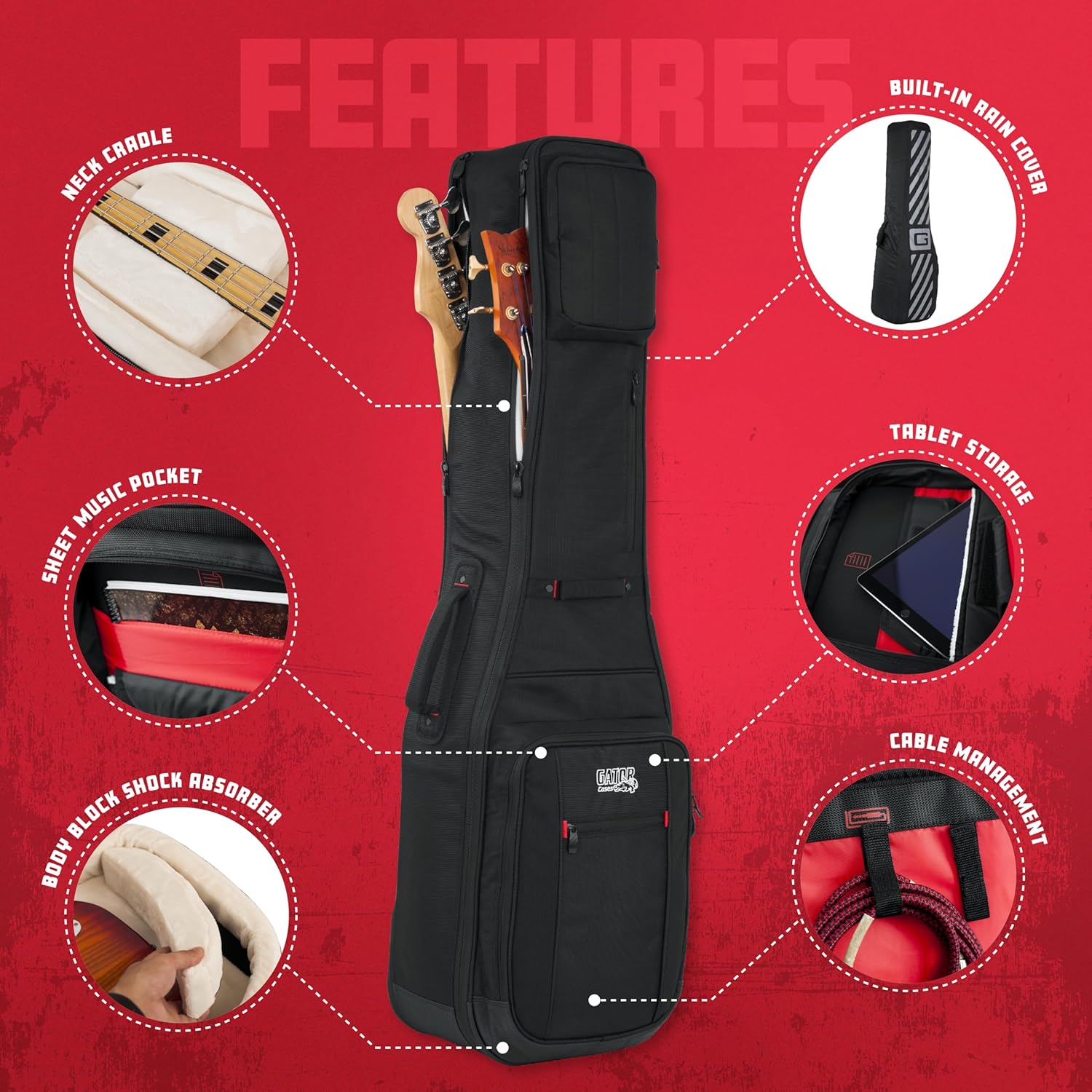 Gator Cases Pro-Go Series Ultimate Double Guitar Gig Bag, Holds (2) Bass Guitars (G-PG BASS 2X)