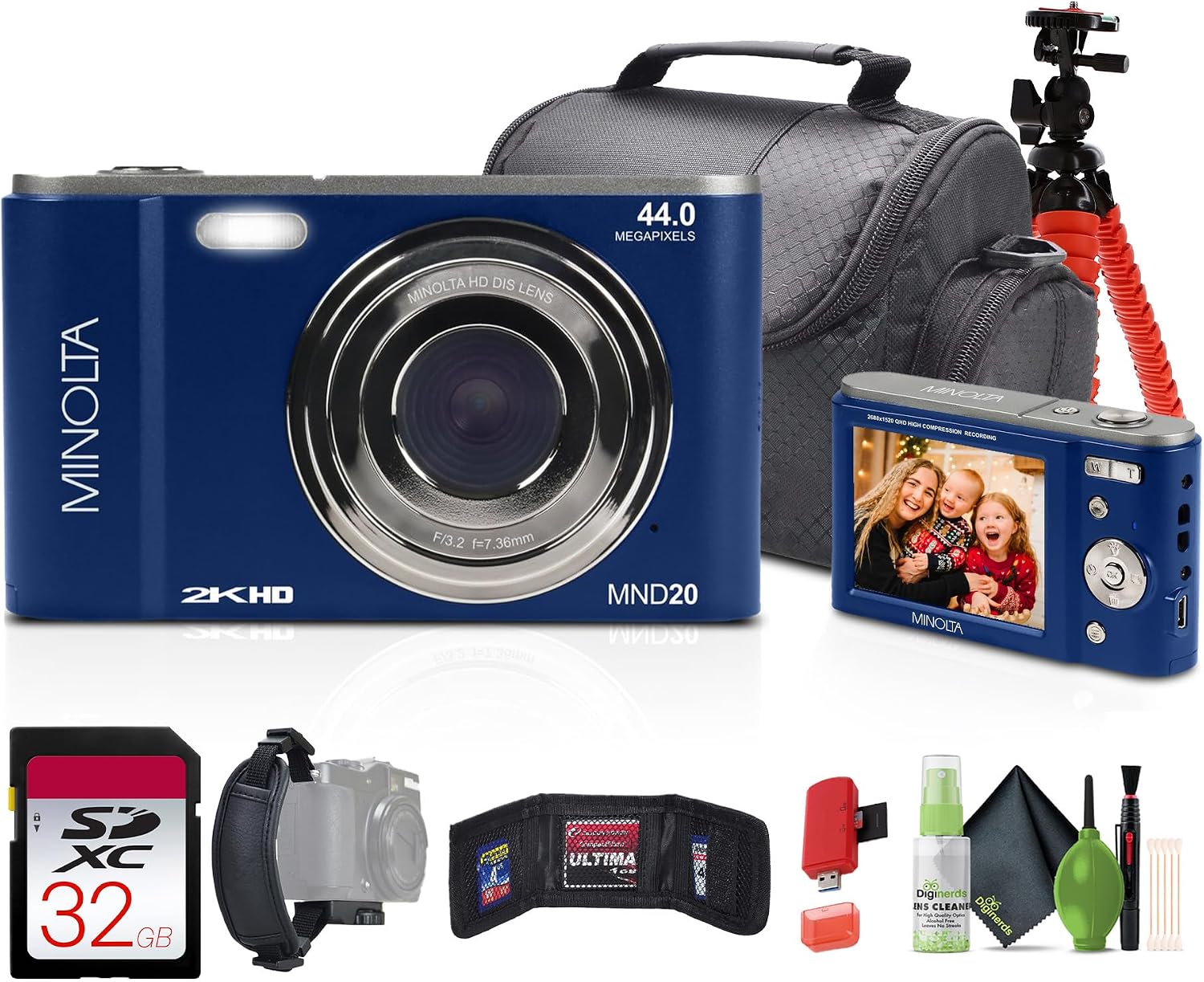 Minolta MND20 44 MP / 2.7K Quad HD Digital Camera (Blue) + 32GB Memory Card + 12 inch Flexible Tripod + Memory Card Wallet + USB Card Reader, SD/microSD + More