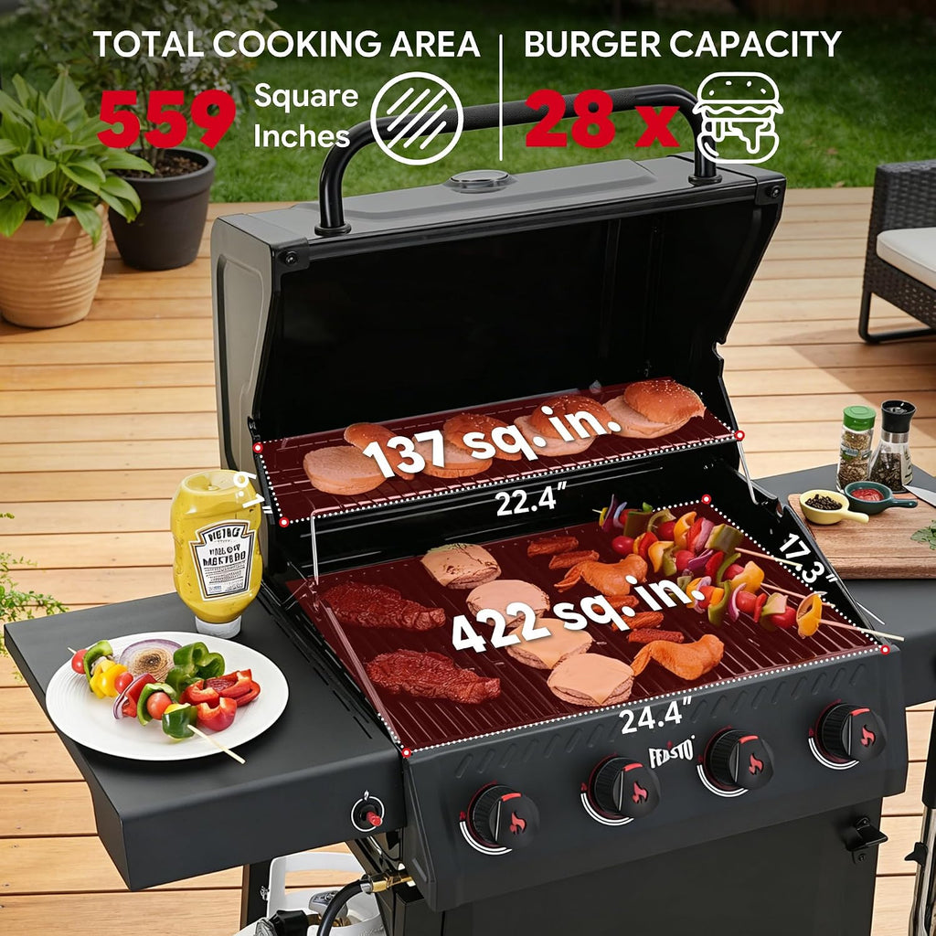 Feasto 4-Burner Gas BBQ Grill with Side Tables, 36,000 BTU Outdoor Propane Grill with Premium Enameled Coated Chamber Body & Porcelain-Enameled Grates for Deck Party & Patio BBQ, 559 Sq. In., Black