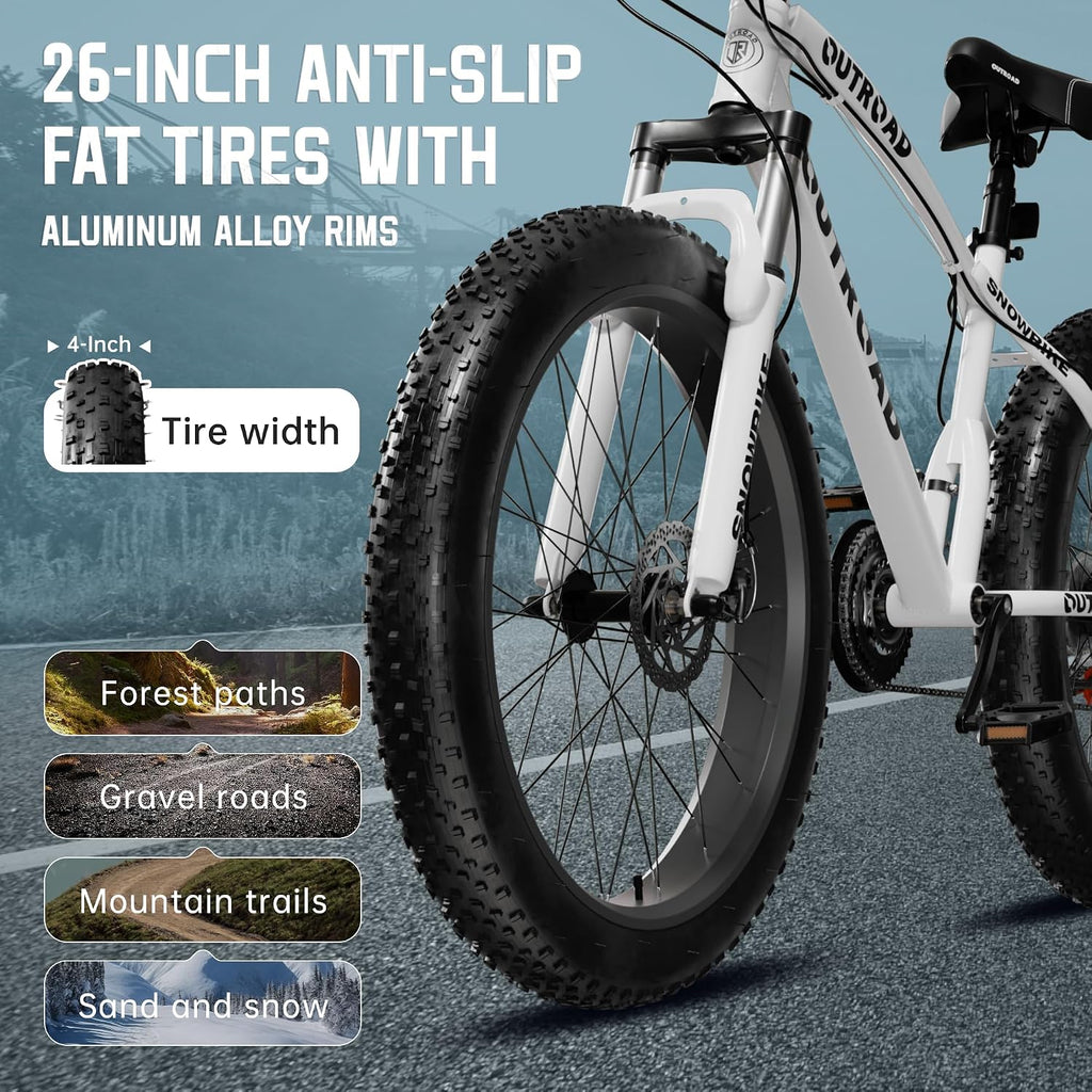 26' Fat Tire Mountain Bike with 4 inch Knobby Tires, 21 Speed MTB with Dual Disc Brake for Adults, Anti-Slip Bicycle, Black, White, Blue&Purple