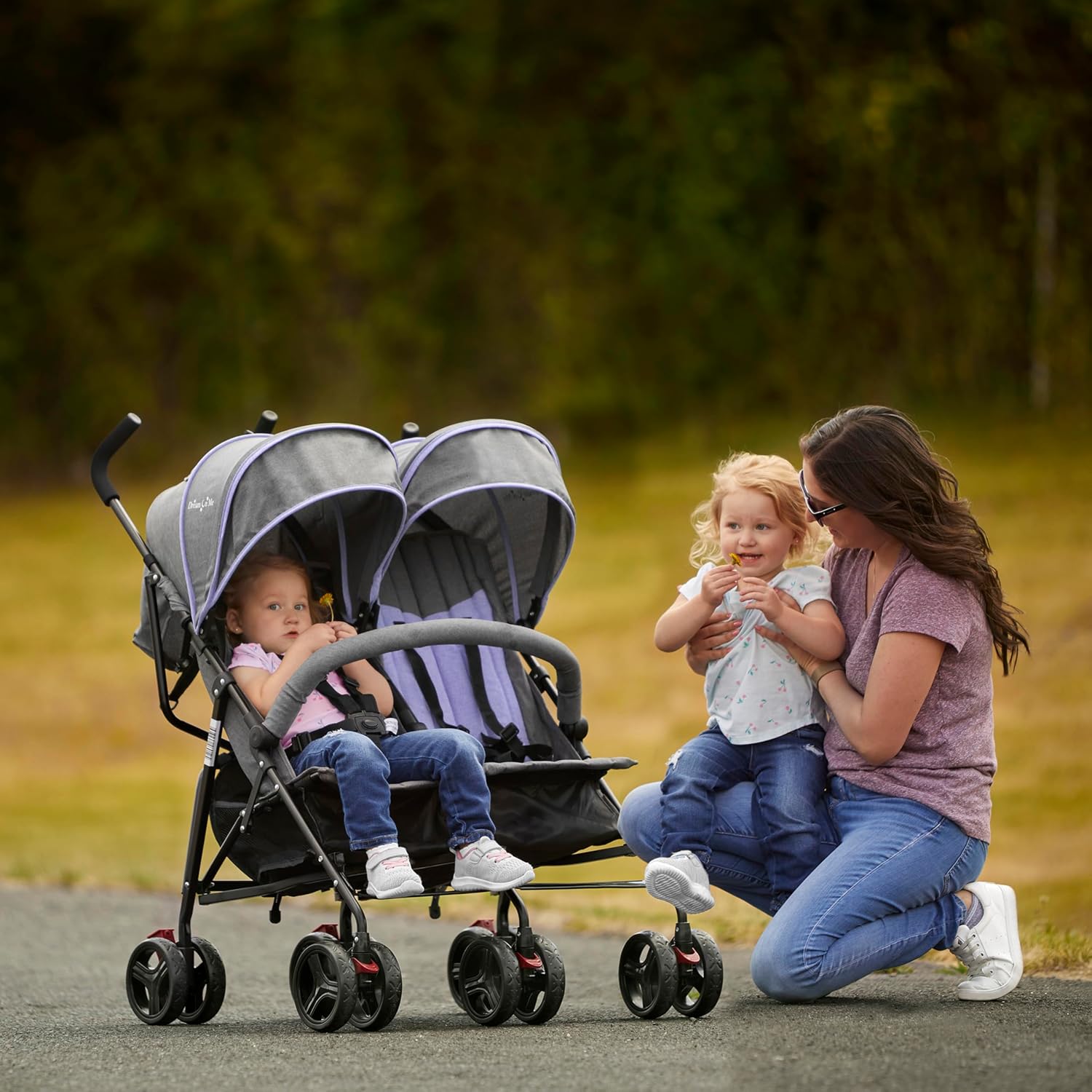 Dream On Me Volgo Twin Baby Stroller, Lightweight Side-by-Side Double Umbrella Stroller with Adjustable Canopy, 5-Point Harness, Storage Basket & Travel-Friendly Fold – Purple