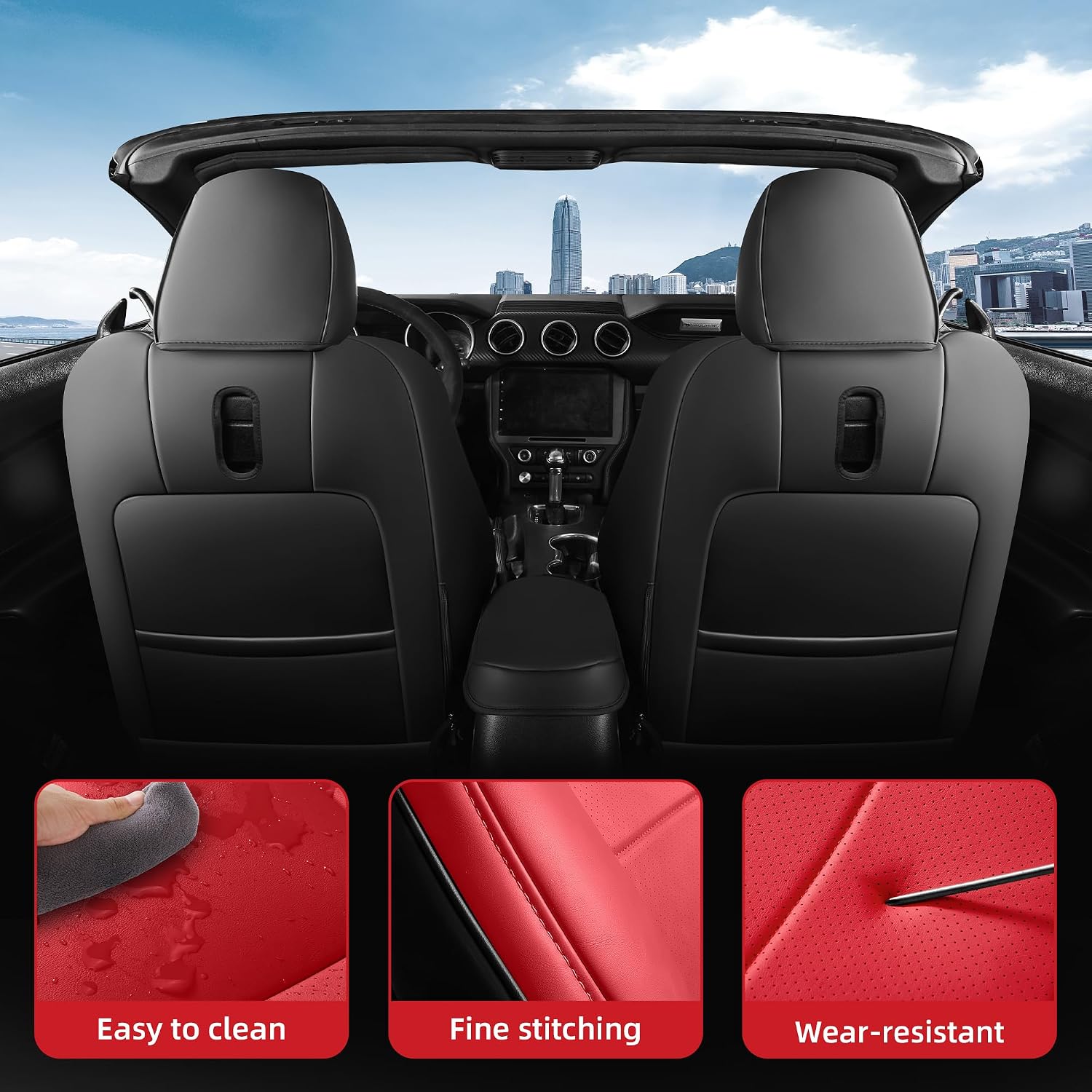 Custom Fit Ford Mustang Convertible Seat Cover 2015 2016 2017 2018 2019 2020 2021 2022 2023 2024 2025 2026, Faux Leather Car Seat Cover Full Set (Convertible-Red+Balck)