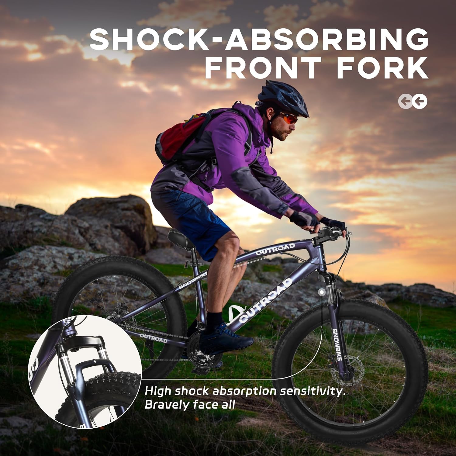 26' Fat Tire Mountain Bike with 4 inch Knobby Tires, 21 Speed MTB with Dual Disc Brake for Adults, Anti-Slip Bicycle, Black, White, Blue&Purple