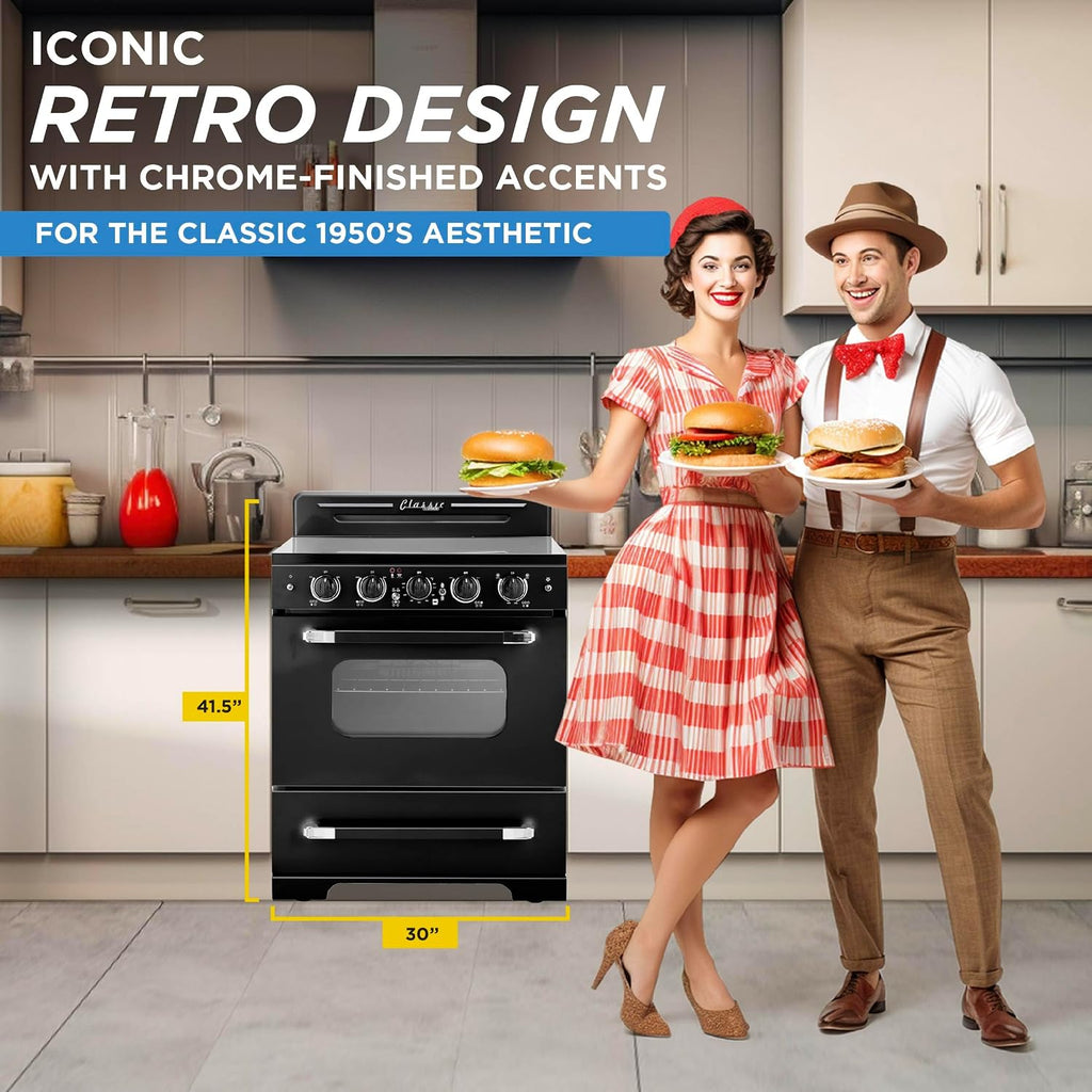 Unique Appliances Classic Retro Radiant Electric Range, Freestanding Electric Range with 5-Element Glass Cooktop, Convection Oven, and Oven Light, 30', Midnight Black