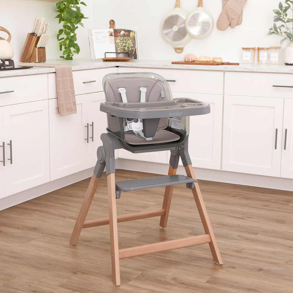 Evolur Tiny Throne 3-in-1 Convertible High Chair, Removable & Dishwasher Safe Tray, Converts to Booster Seat & Adult Stool, Easy-to-Clean Feeding Solution – Fossil Gray