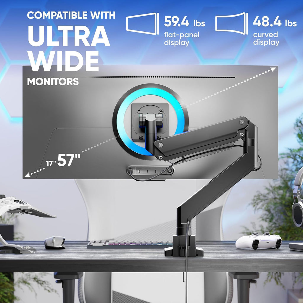 ONKRON Heavy Duty Monitor Arm for 17-57 Inch Screens up to 59.4 lbs, Ultrawide Screen Mount with Adjustable Gas Spring, VESA 75x75-200x200, Single Arm Monitor Mount for Desk, Clamp & Grommet Black