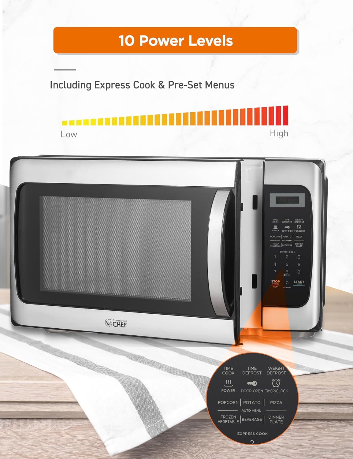 COMMERCIAL CHEF 1.1 Cu Ft Microwave with 10 Power Levels, Microwave 1000W with Push Button Door Lock, Countertop Microwave with Turntable and Digital Controls, Stainless Steel