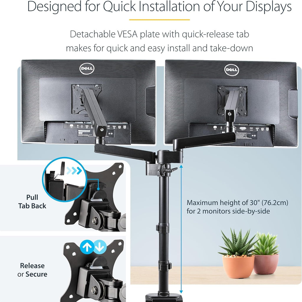 StarTech.com Desk Mount Dual Monitor Arm, Height Adjustable Mount for 2X VESA Displays up to 32' (17.6lb/8kg), Mechanical Spring