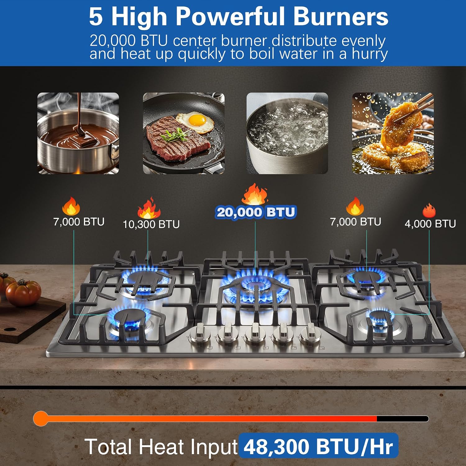 36 inch Gas Cooktop with Grill/Griddle, Gas Stove Top with 5 Italy Sabaf Sealed Burners, Max 48,300 BTU Built-in Propane Stove, 304 Stainless Steel Propane Cooktop, NG/LPG Convertible, CSA Certified