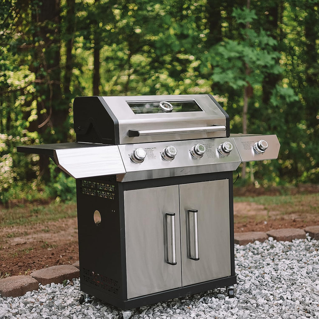 SKOK 4-Burner Led Gas BBQ Grill with Side Burner & Visual Glass, Barbecue Grill,60,000 BTU Stainless Steel Propane Grill 629 Sq. In. Grilling Area