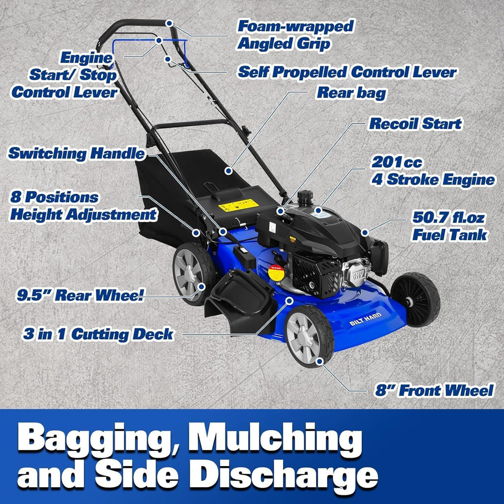 BILT HARD 21' Self Propelled Gas Lawn Mower – Powered by a 201cc 4-Cycle OHV Engine, 3-in-1 Functions (Bagging, Mulching & Side Discharge), 8-Position Cutting Height Adjustment, and Easy Start.