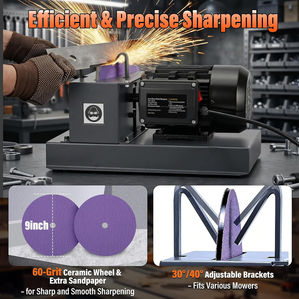 Lawn Mower Blade Sharpener – 1HP 750W Lawnmower Bench Grinder with 9-Inch Ceramic Grinding Wheel, Extra 60-Grit Ceramic Sandpapers, and 30°/40° Brackets for High/Low Lift, Gator & Flat Blades