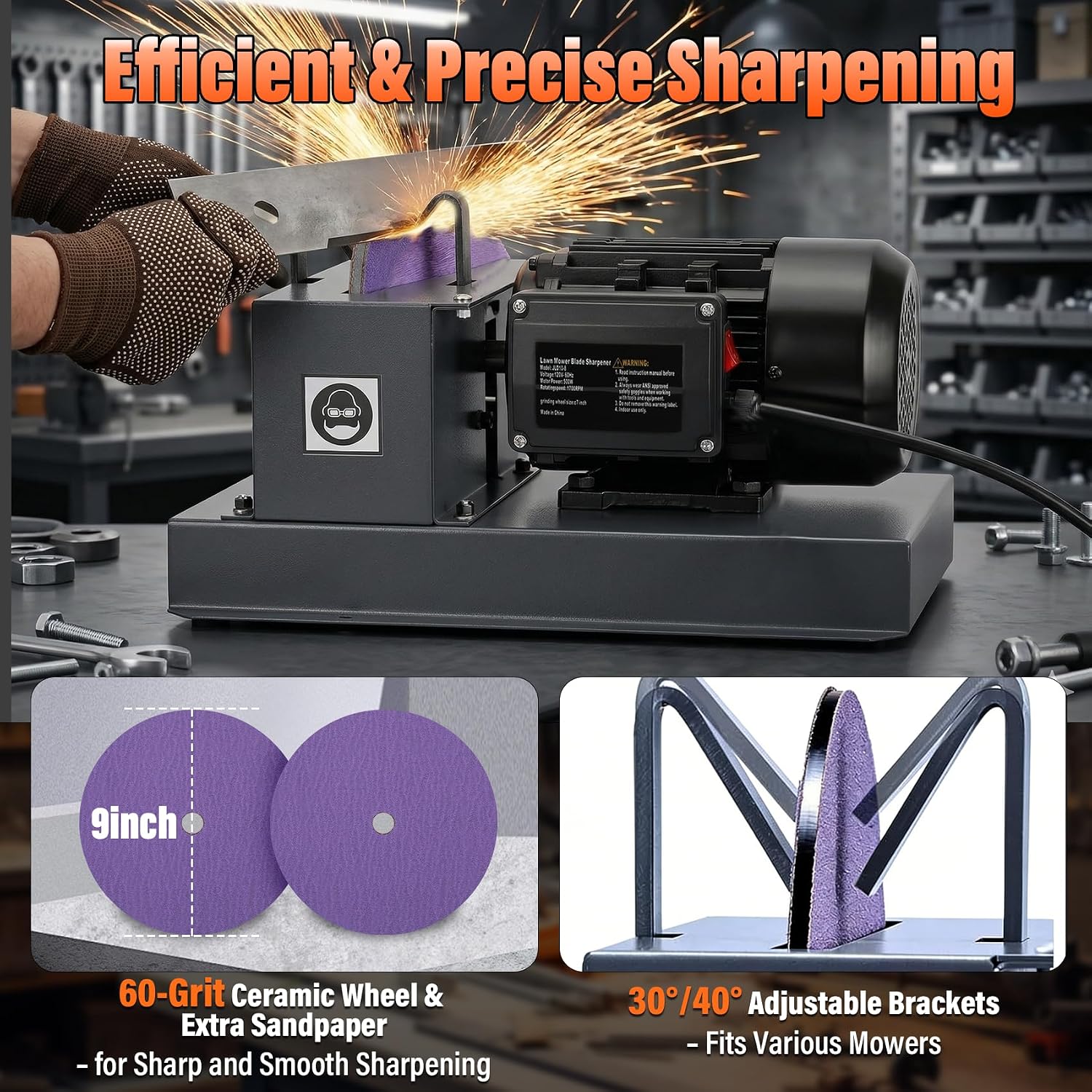 Lawn Mower Blade Sharpener – 1HP 750W Lawnmower Bench Grinder with 9-Inch Ceramic Grinding Wheel, Extra 60-Grit Ceramic Sandpapers, and 30°/40° Brackets for High/Low Lift, Gator & Flat Blades