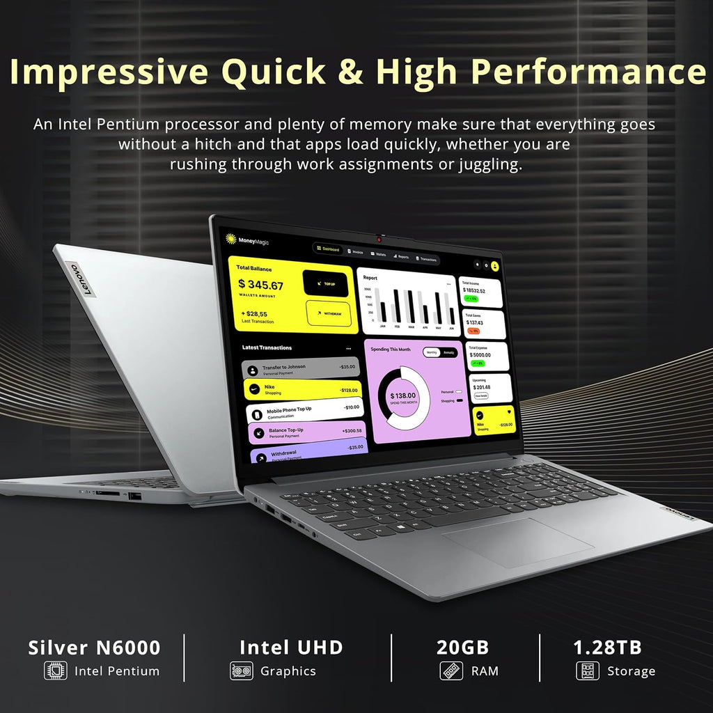 Lenovo IdeaPad 1 15.6' HD Laptop, Intel Pentium Silver N6000, 20GB RAM, 1.28TB Storage (1TB SSD+128GB eMMC+160GB Docking Station Set), Intel UHD Graphics, Num Pad, 1 Year Office 365, Win 11 S, Gray