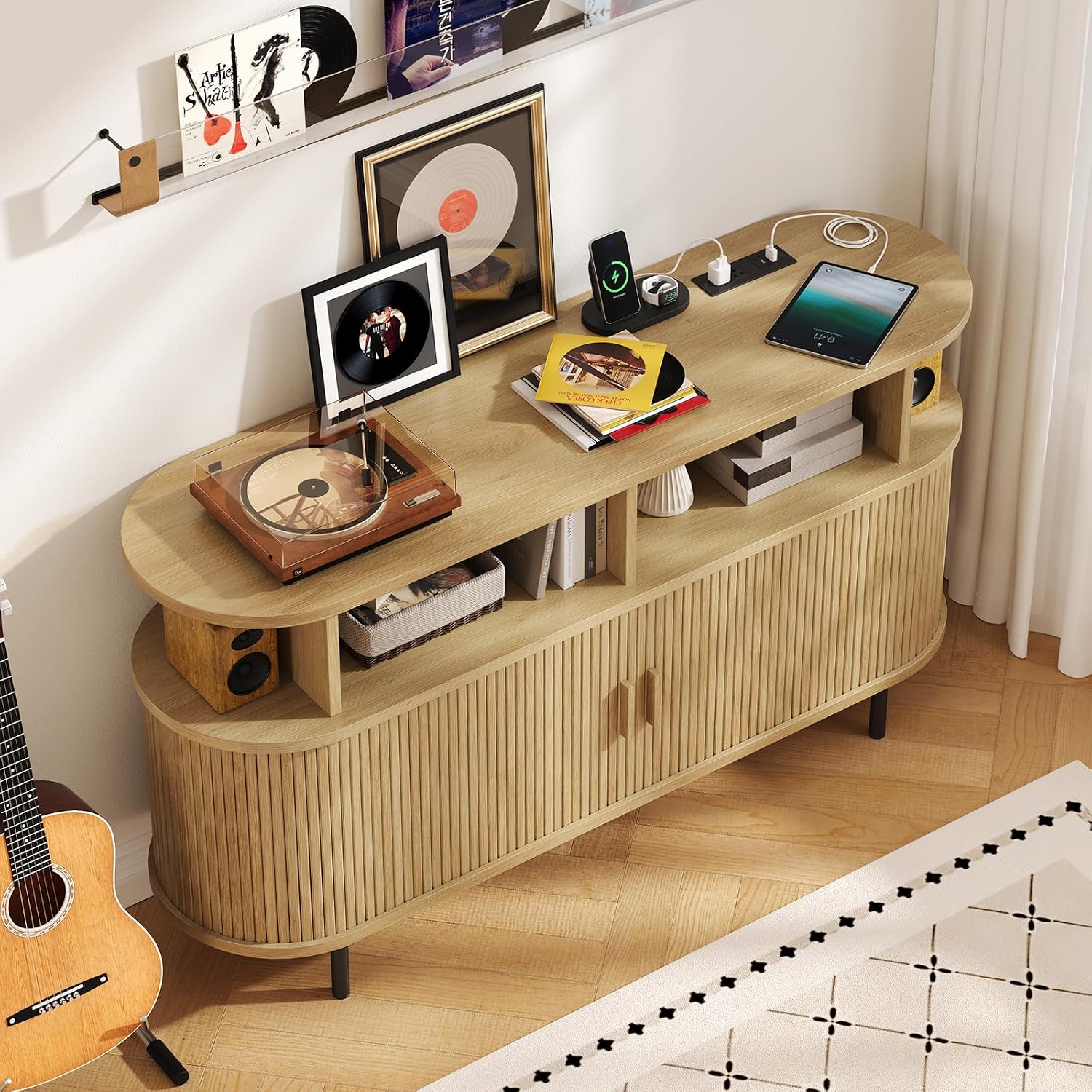 55' Large Round Record Player Stand with Charging Station, Vinyl Record Storage Cabinet, Mid Century Modern Turntable Stand with Open Shelves Holder for Bedroom Living Room, Sliding Doors (Oak)