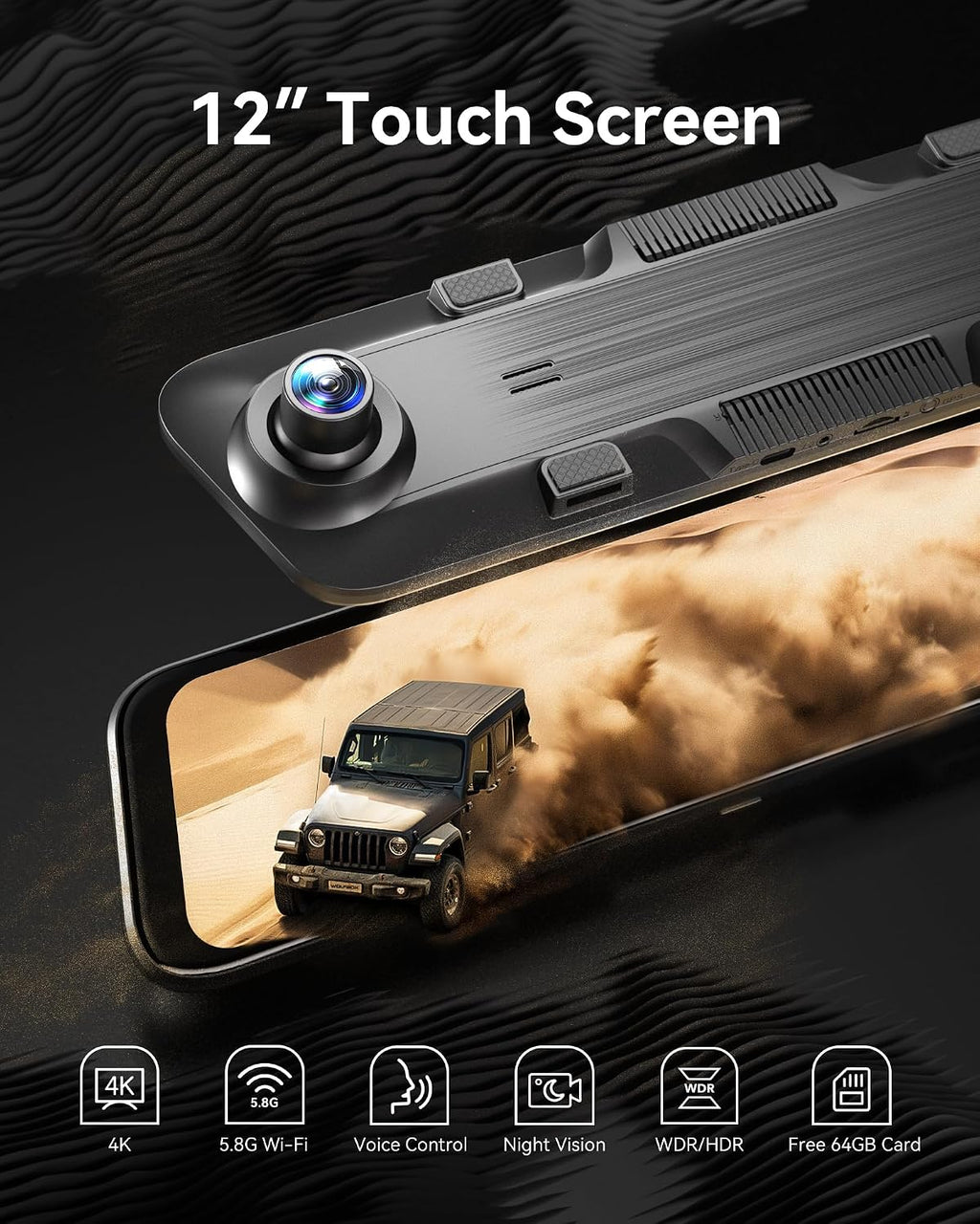 WOLFBOX G850 12' 4K Rear View Mirror Camera with 5.8GHz WiFi and Voice Control, Smart Mirror Dash Cam Front and Rear, Backup Camera with 1080P, Dash Cam with WDR, Includes 64GB Card & GPS