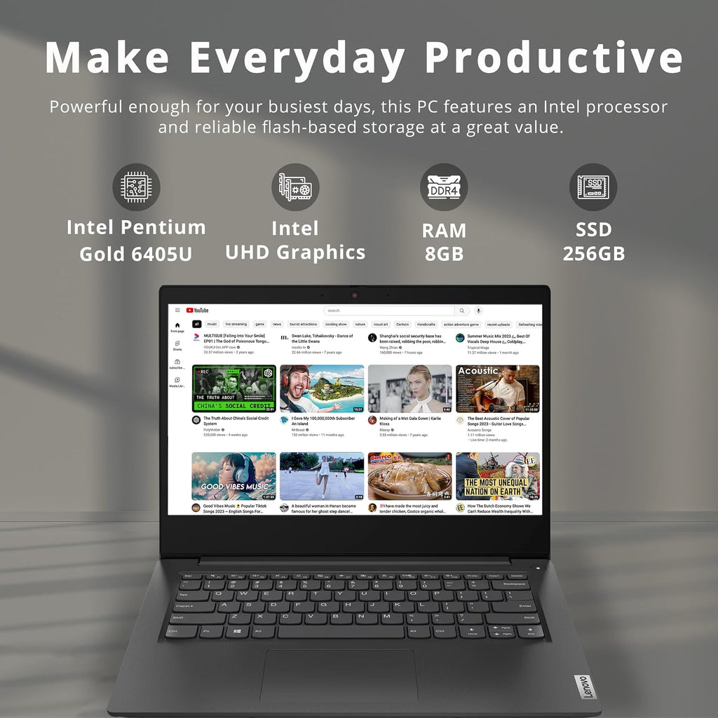 Lenovo Ideapad 3 14' HD Laptop, Intel Pentium Gold 6405U Processor, 8GB RAM, 256GB PCIe SSD, UHD Graphics, Speakers, WiFi, Webcam, Bluetooth, Win 10 S, Black, 32GB Hotface USB Card
