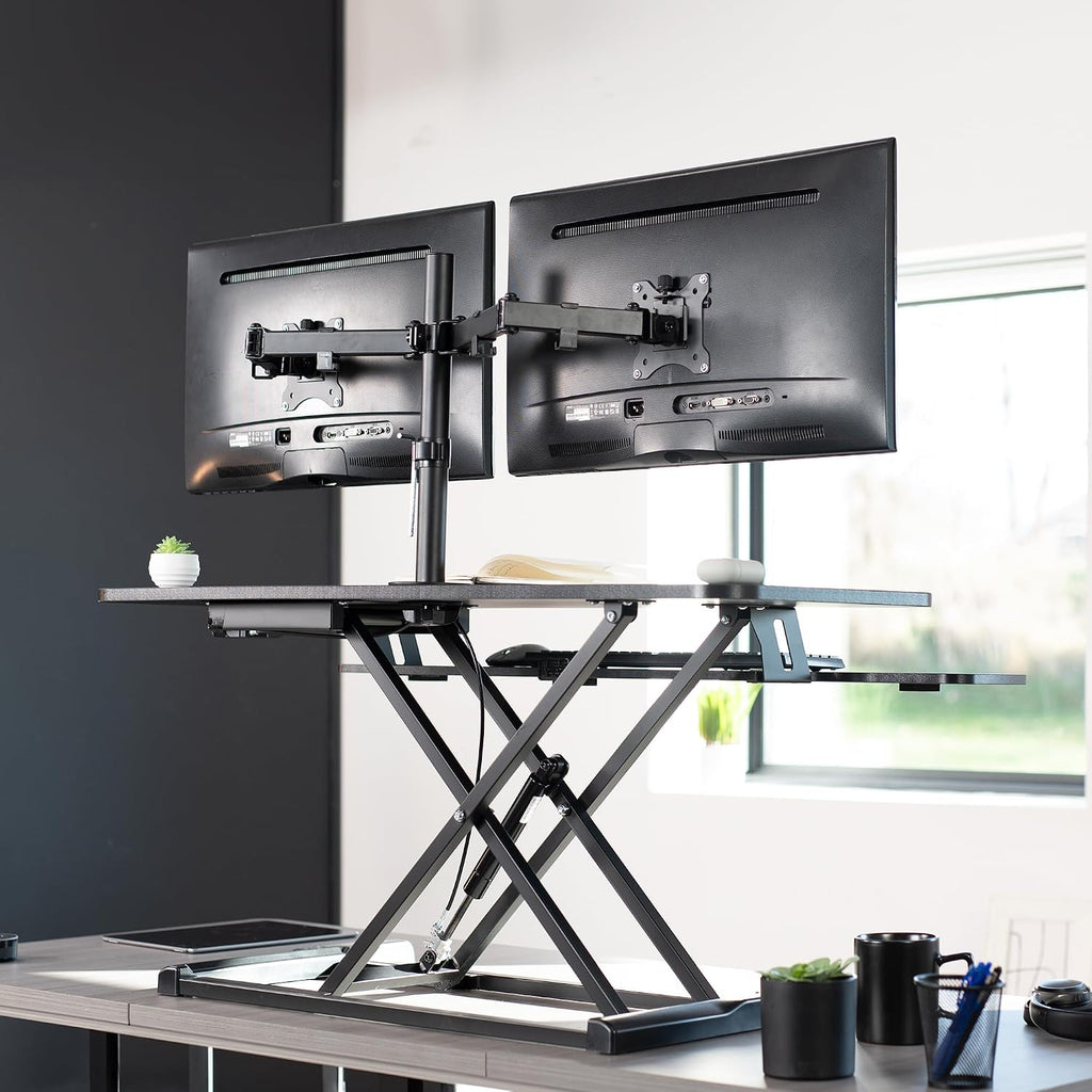 VIVO Height Adjustable 42 inch Standing Desk Converter with Dual 13 to 30 inch Monitor Stand, Sit Stand Monitor Mount and Desk Riser, Black, DESK-V042KB-M2