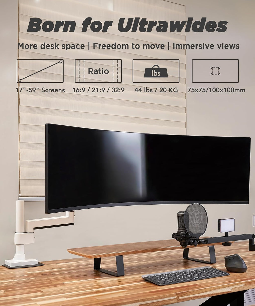 ULTRARM Heavy Duty Monitor Arm for Ultrawide Monitors up to 57' and 44 lbs, Single Desk Stand, Pneumatic Height Adjustable, Modular Extension Arms - Max VESA 100x100, White, MA20PW-S