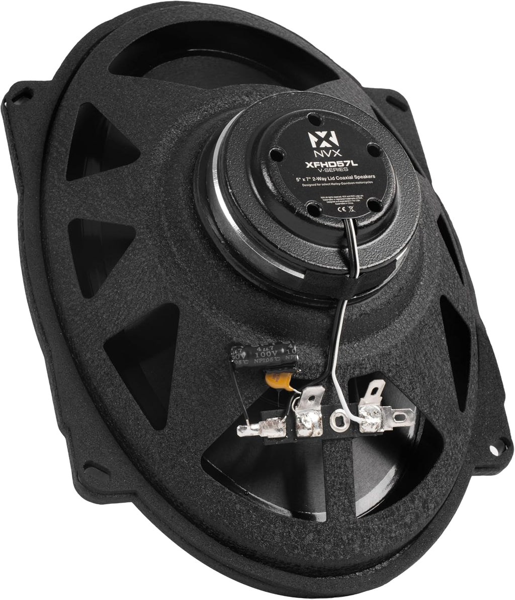NVX® XFHD57L Premium 5x7' Motorcycle Speakers, 600W Peak (300W RMS), 2-Ohm OEM Saddlebag Lid Coaxials with 1' Titanium Tweeters, Waterproof, for Harley-Davidson 1998 up (Pair)