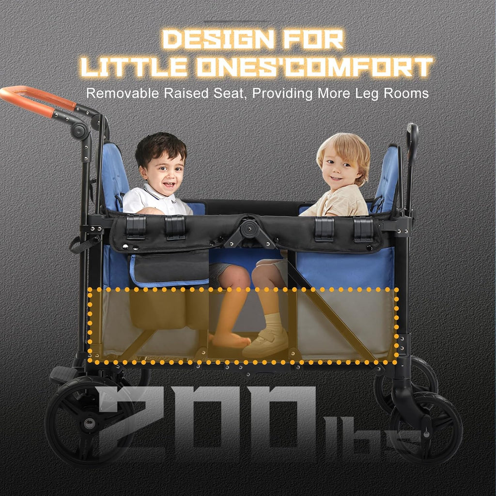 Wagon Stroller for 2 Kids, Foldable All-Terrain Wagon for Kids with Canopy, Adjustable Push and Pull Handles,Convertible High Seat & Organizer, 5 Point Harness (Blue)
