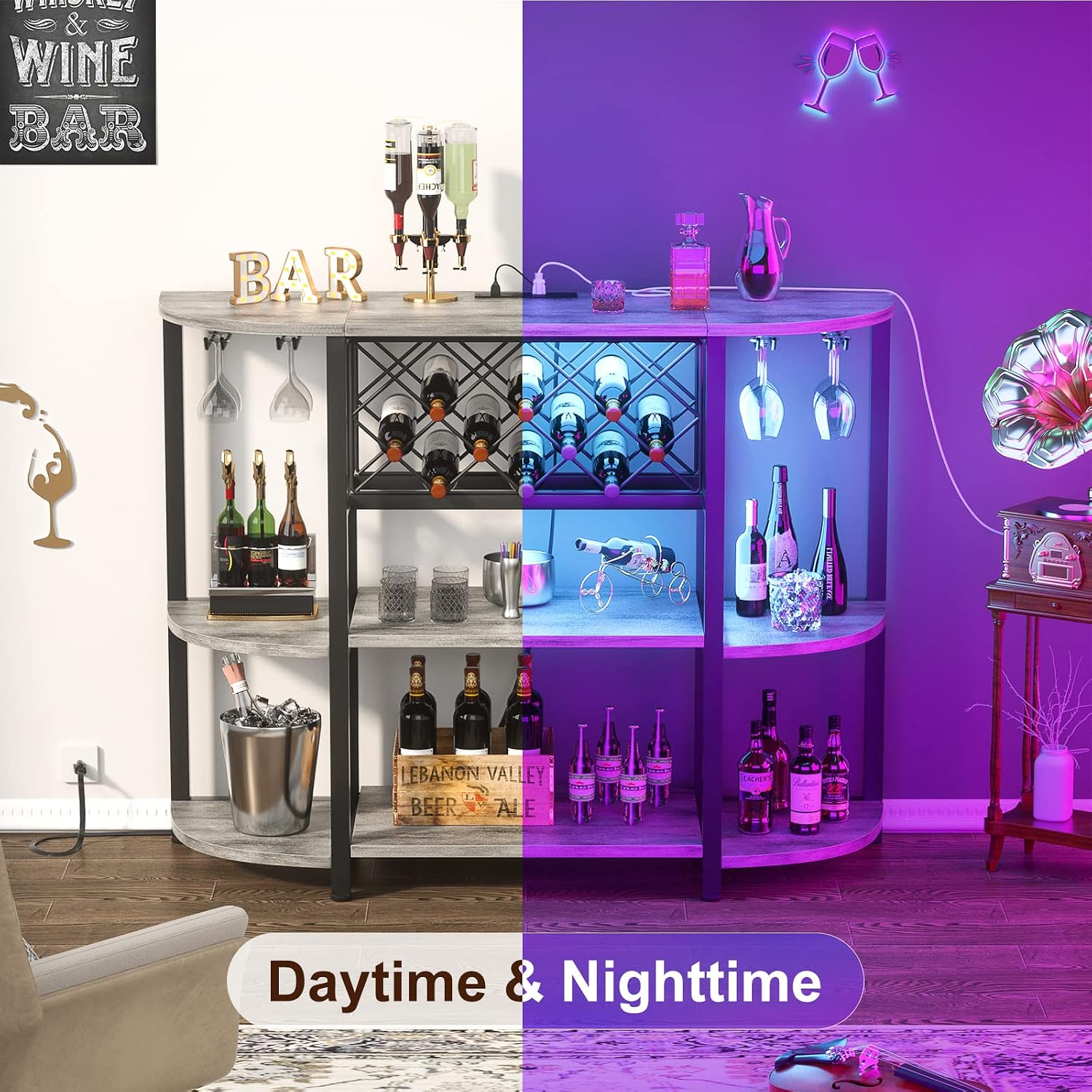 Unikito 4-Tier Metal Coffee Bar Cabinet with Outlet and LED Light, Freestanding Floor Table for Liquor Glass Holder Wine Rack Storage, Bakers Kitchen Dining Room, White Oak