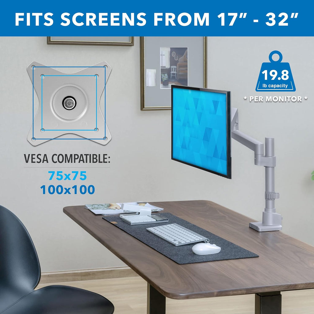 Mount-It! Single Monitor Desk Mount – Pole Mounted Gas Spring Arm, Full Motion Height Adjustable Monitor Stand with C-Clamp or Grommet Base, Fits 19–32 Inch Screens, Silver