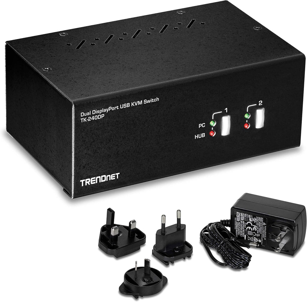 TRENDnet 2-Port 4K Dual Monitor DisplayPort KVM Switch with Audio, TK-240DP, 2560 x 1440 @ 144Hz, 2-Port USB 2.0 Hub, Connect Two Monitors, NDAA + TAA Compliant, Black