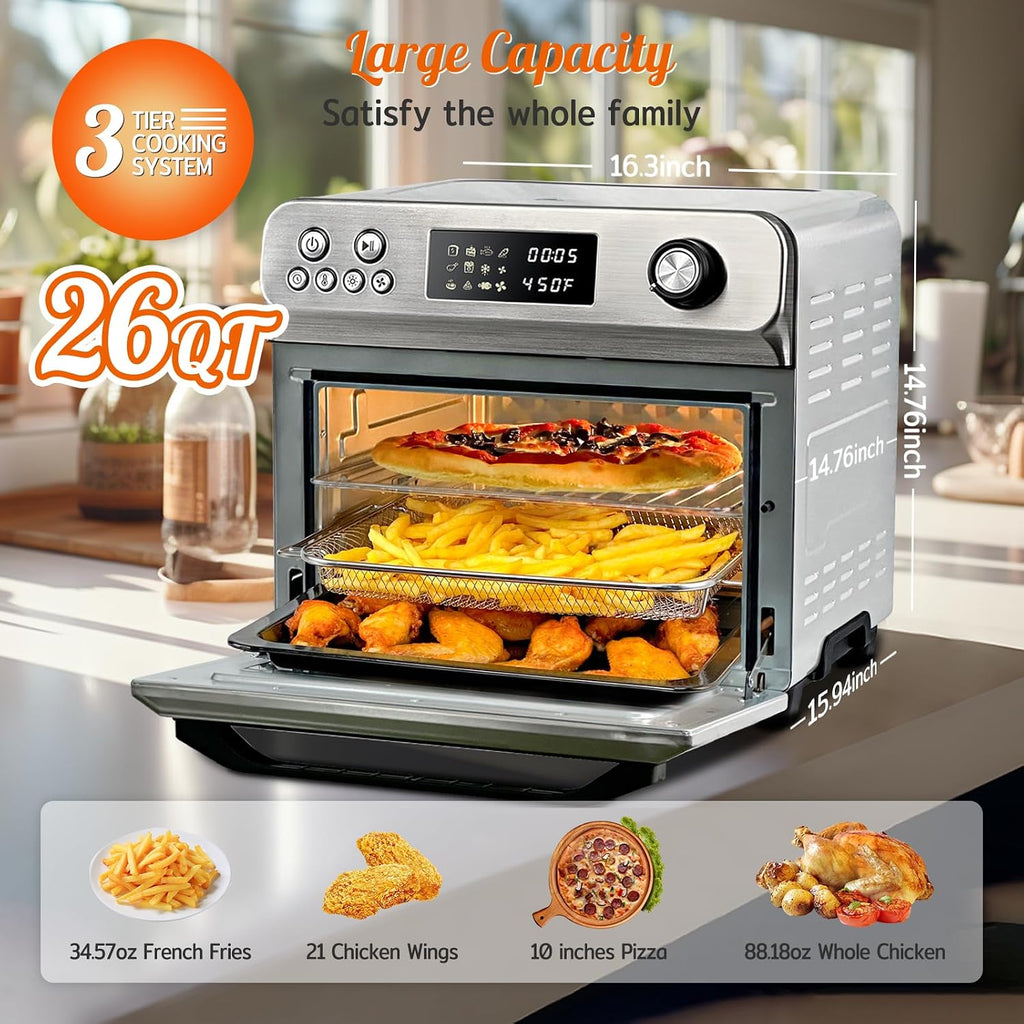 HYSapientia® 26QT Stainless Steel Air Fryer Oven, Large Capacity 10-in-1 with Rotisserie, Full Accessory Set, 1800W