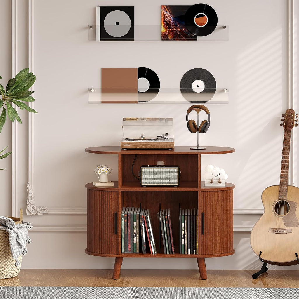 Garvee 35'' Fluted Mid Century Modern Turntable Cabinet, Large Round Record Player Stand with Charging Station and Display Shelf, Arched Wood Record Player Table for Living Room