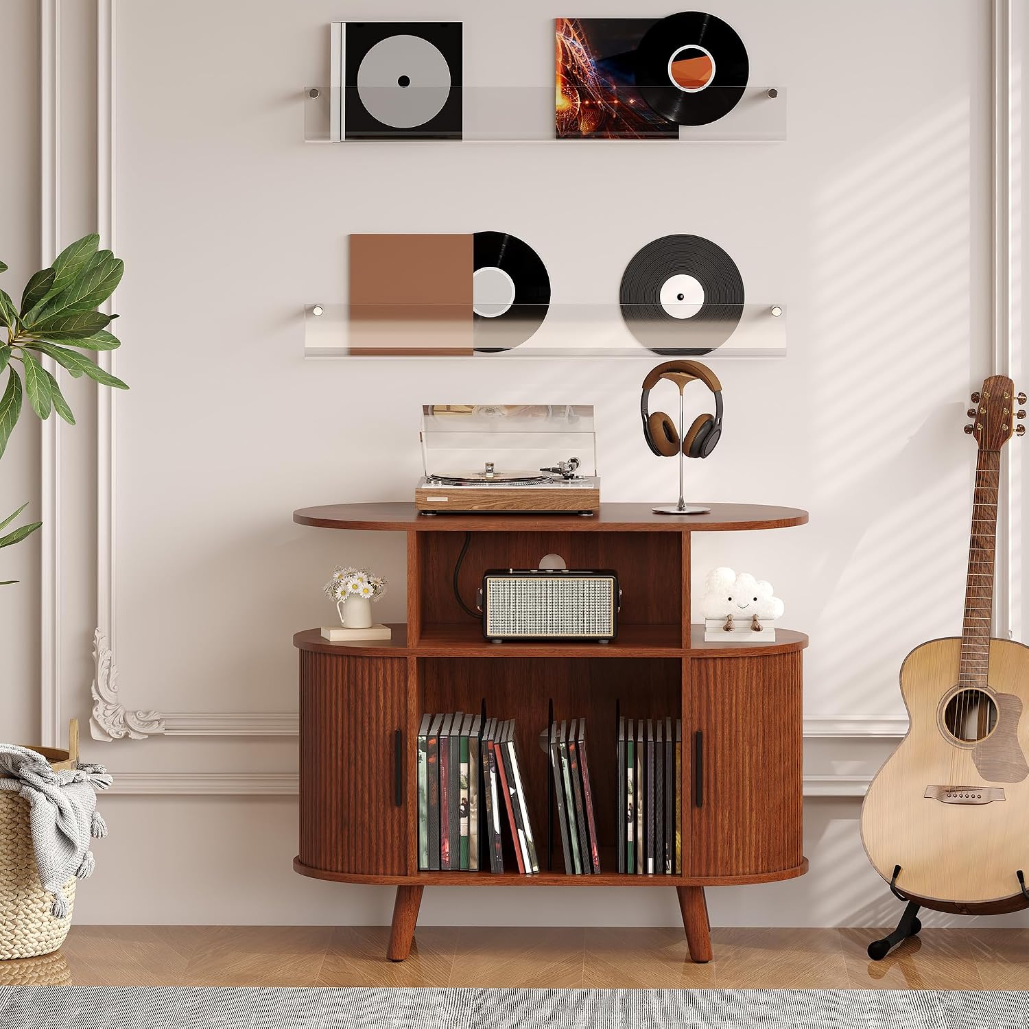Garvee 35'' Fluted Mid Century Modern Turntable Cabinet, Large Round Record Player Stand with Charging Station and Display Shelf, Arched Wood Record Player Table for Living Room
