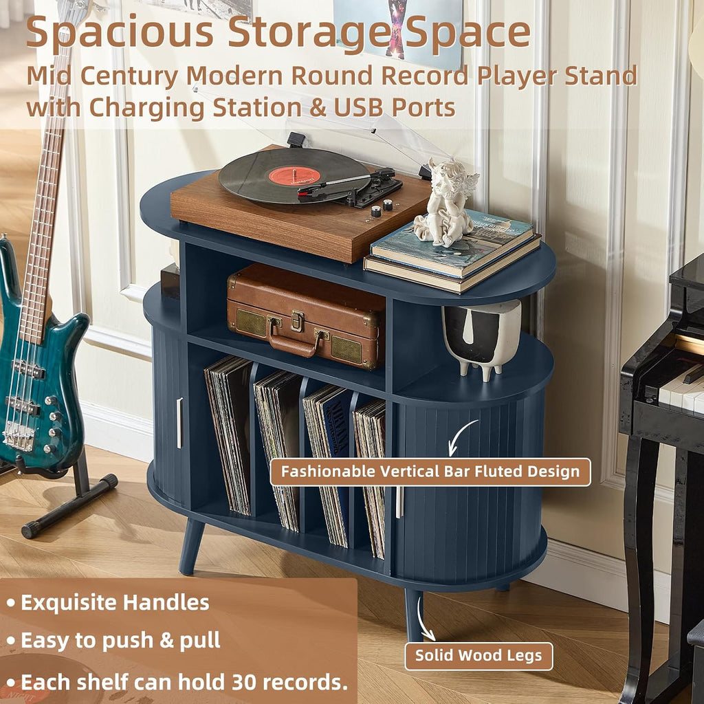 LELELINKY Small Round Record Player Stand with Charging Station & Fluted Panel,Navy Blue Mid Century Modern Turntable Cabinet with Vinyl Storage, Arched Wood Record Player Table for Living Room