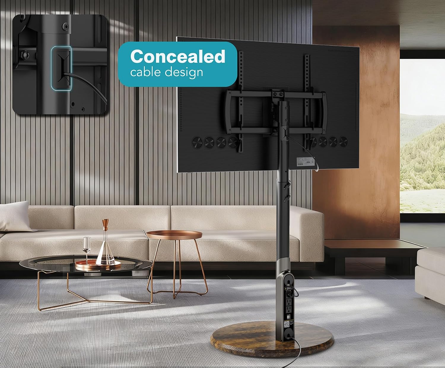 Mobile TV Stand with Power Outlet, Rolling TV Cart for 27-65 Inch OLED LED Monitors, 6 Levels of Height Adjustment, Ambient RGB Lighting on The Bottom Wheels Holds up to 88lbs
