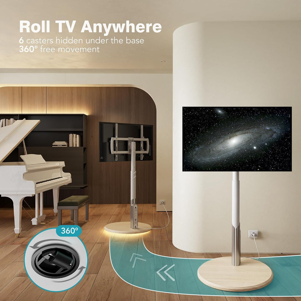 Floor Mobile TV Stand with Power Outlet, Rolling TV Cart for 27-65 Inch OLED LED Monitors, 6 Levels of Height Adjustment, Ambient Lighting on the Bottom Wheels Holds up to 88lbs, 400x400mm