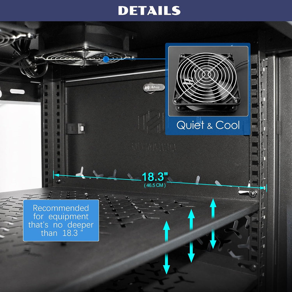 9U Wall Mount Server Cabinet with A Lockable Front Vented Door, Cooling Fans, Removable Side Panels - 60cm Depth, 19' Network Rack Including 2 PCS Full-Size Rack Shelves for IT Equipment