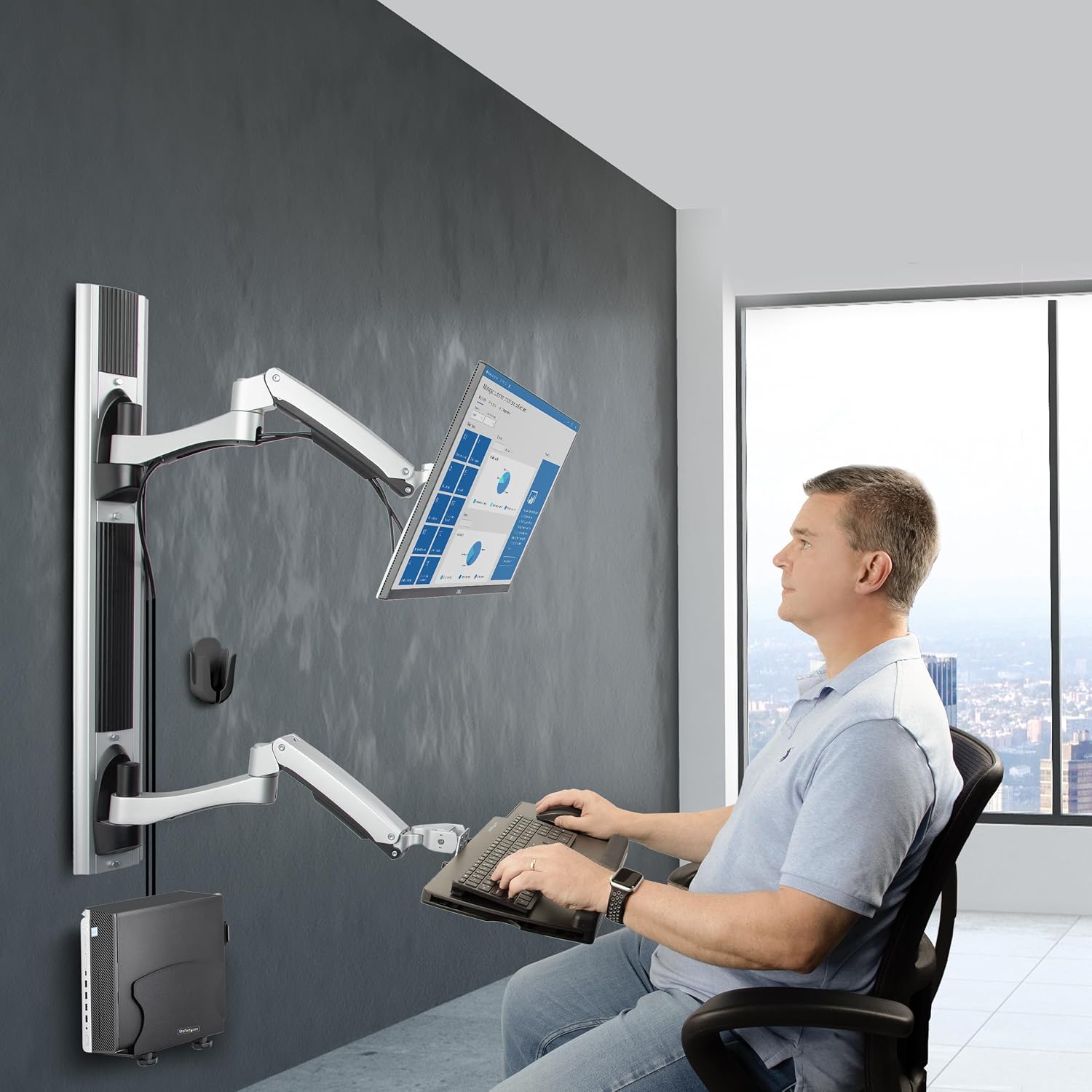 StarTech.com Wall Mount Workstation, VESA Mount for 32' Monitor (22lb/10kg), Fully Articulating Monitor Mount & Keyboard Tray, TAA