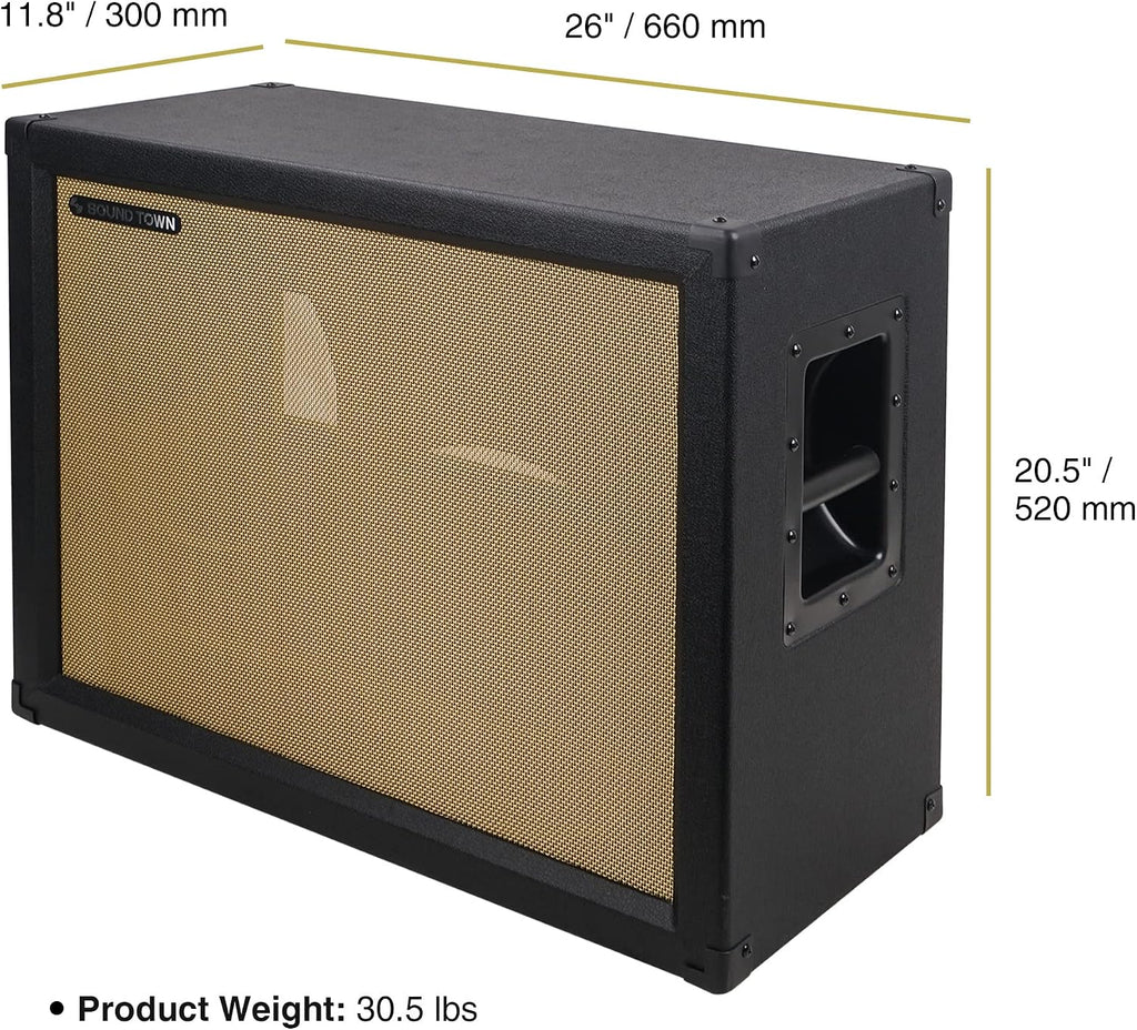 Sound Town 2 x 12 Empty Open-Back Guitar Speaker Cabinet, Birch Plywood, Mono/Stereo Jack Plate, Black, Wheat Cloth Grill, Compatible w/Celestion/Eminence Speakers (GUC212OBBK-EC)