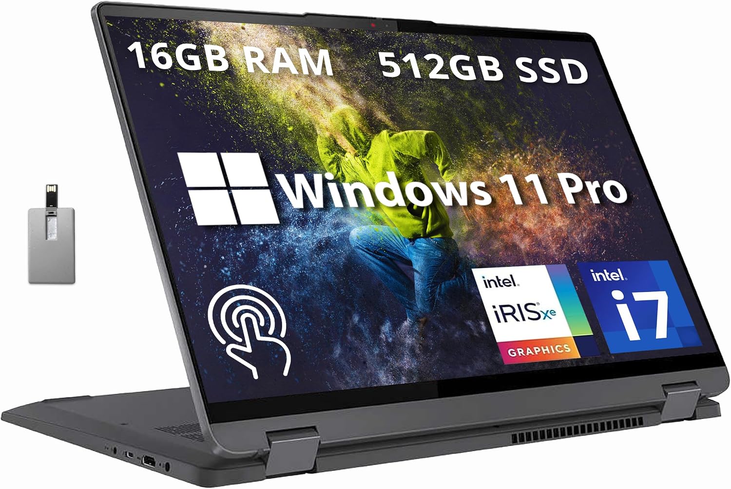 Lenovo IdeaPad Flex 5 16'' 2-in-1 2.5K IPS Touchscreen Laptop, Intel Core i7-1255U, 16GB RAM, 512GB SSD, Backlit Keyboard, Fingerprint Reader, Win 11 Pro, Storm Grey, 32GB Hotface USB Card, Gray