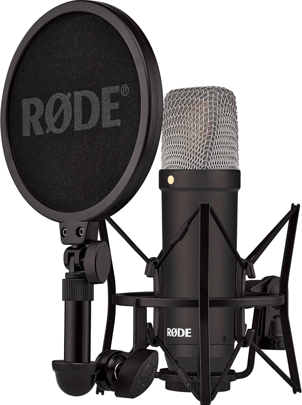 Rode NT1 Signature Black Large-Diaphragm Condenser Microphone Bundle with MS7701B Euro Boom Tripod Stand — 4 dBA Self-Noise XLR Studio Mic for Singing, Vocal Recording, Voice Over, Podcasting