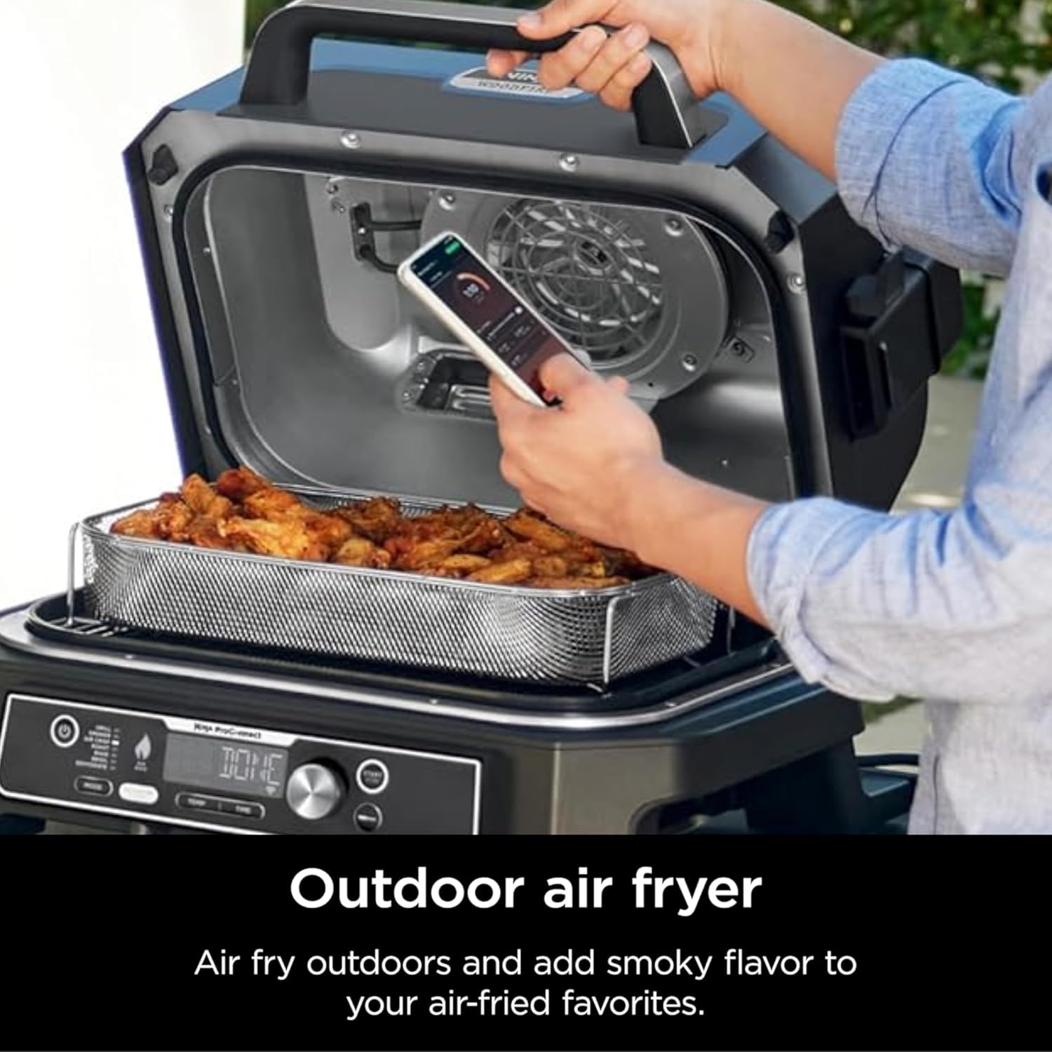 Ninja Woodfire Pro Connect XL Outdoor Grill & Smoker | Bluetooth, App Enabled | 7-in-1 Grill, BBQ Smoker, Outdoor Air Fryer | Woodfire Technology | Built-In Thermometer | Blue & Gold| OG951BL1