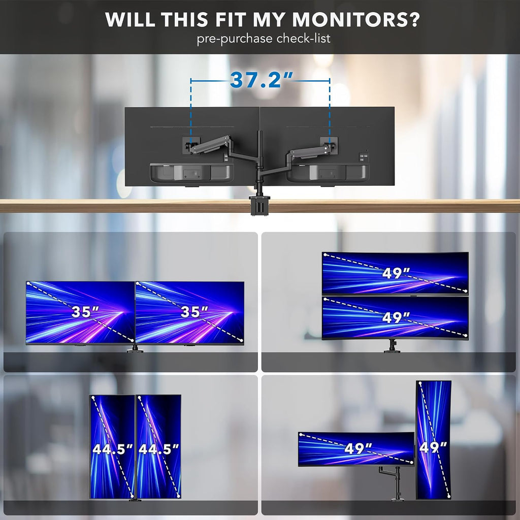 Mount-It! Proflex Series Stacking Dual Ultrawide Monitor Arm for 17–49' Screens, Height-Adjustable Pole, Heavy Duty Gas Spring, USB-C & USB 3.0, Full Motion, VESA 75/100, Clamp or Grommet