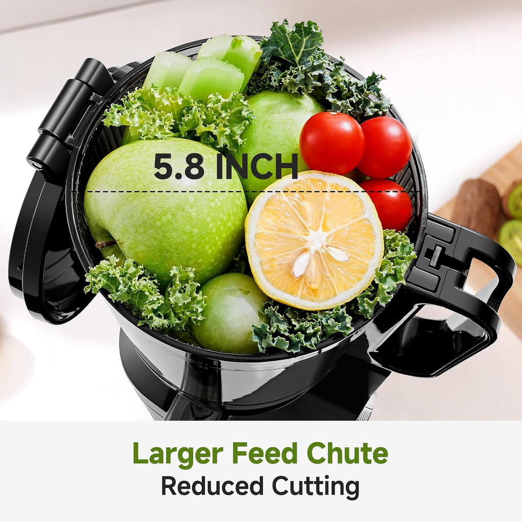 AMZCHEF Cold Press Juicer – 5.8' Wide Mouth Hopper for Whole Recipe Loading, Self Feeding for Hands-Free Operation, Zero Waste Masticating Juicer For More Juice, Less Pulp – Triple Strainers