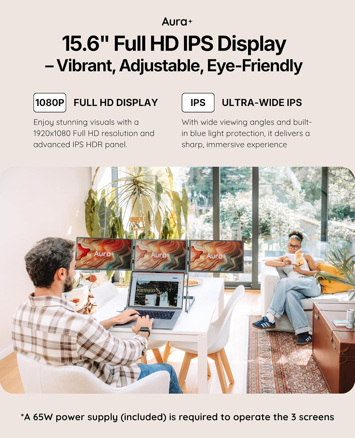 Triple Aero Pro Max 15.6'| Premium Triple Portable Monitor Extender | Full Aluminum | Quad Screens | 3×15.6' FHD 1080P HDR IPS | USB-C & HDMI | Compatible with 11-18' Laptops