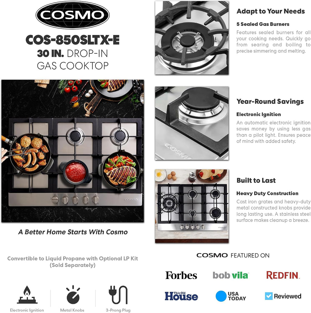 COSMO 850SLTX-E 30 in. Gas Cooktop with 5 Burners, Counter-Top Cooker with Cast Iron Grate Stove-Top, Melt-Proof Metal Knobs in Stainless Steel