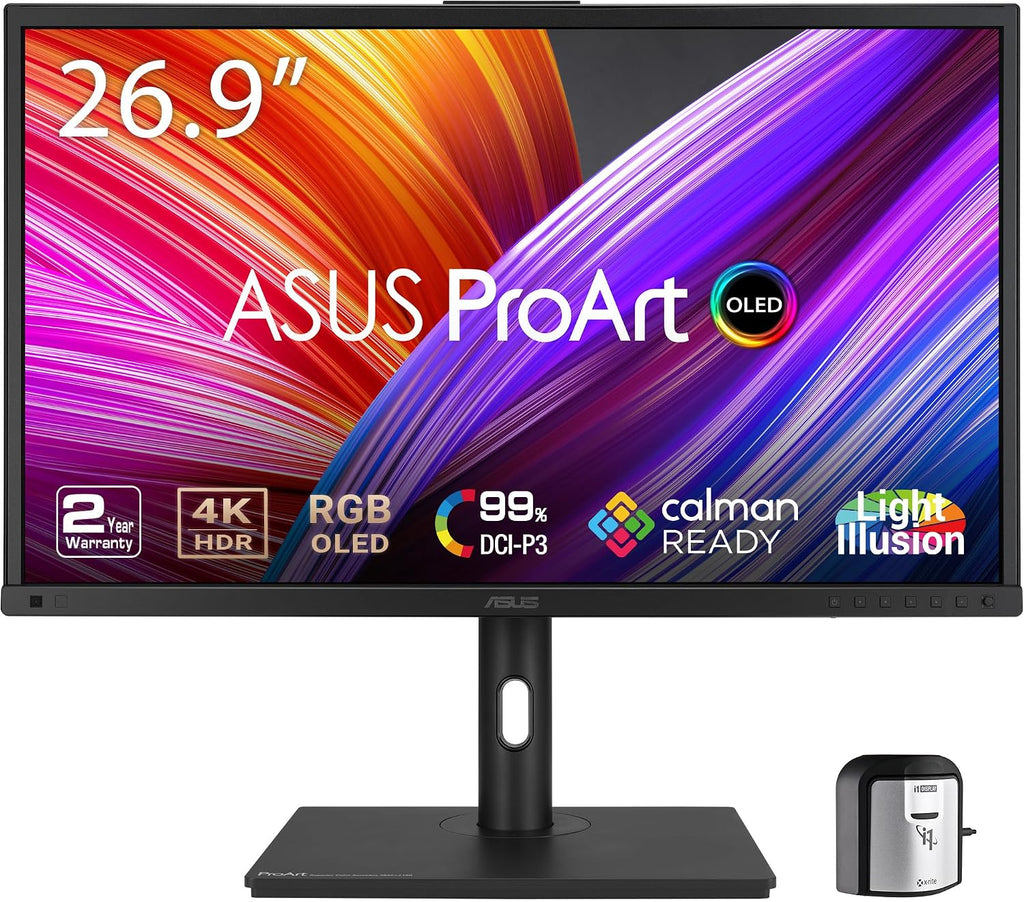 ASUS ProArt Display 27'4K HDR RGB OLED Professional Monitor (PA27DCE-K) - UHD (3840 x 2160), 99% DCI-P3, HLG, ΔE < 1, USB-C PD 80W, Hardware Calibration, Calman Ready, X-rite i1 Display Pro Calibrator