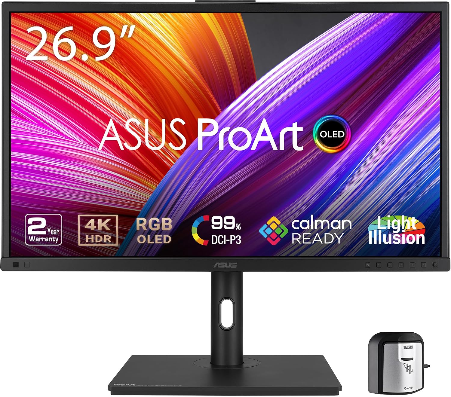 ASUS ProArt Display 27'4K HDR RGB OLED Professional Monitor (PA27DCE-K) - UHD (3840 x 2160), 99% DCI-P3, HLG, ΔE < 1, USB-C PD 80W, Hardware Calibration, Calman Ready, X-rite i1 Display Pro Calibrator